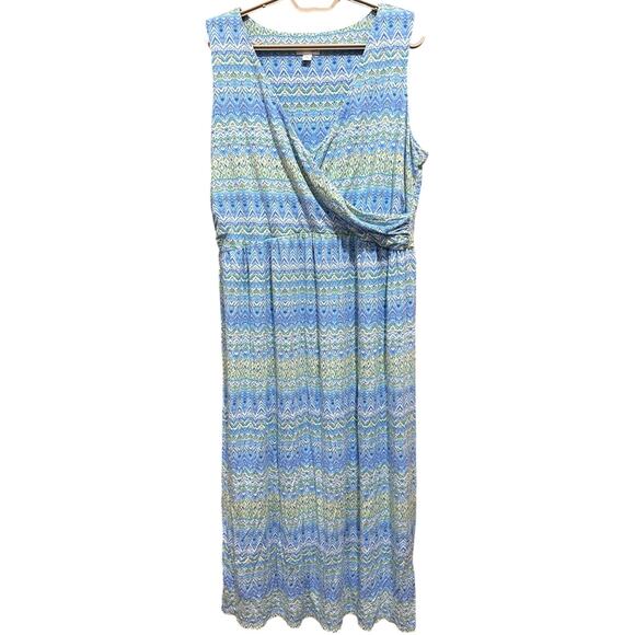 J Jill Maxi Dress Size L Petite Blue Yellow All Over Print V Neck Sleeveless - Picture 2 of 7